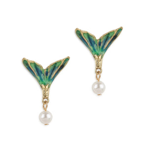 Bill Skinner Mermaid Tail Stud Earrings with green-blue enamel fins and pearl drops on gold-plated brass.