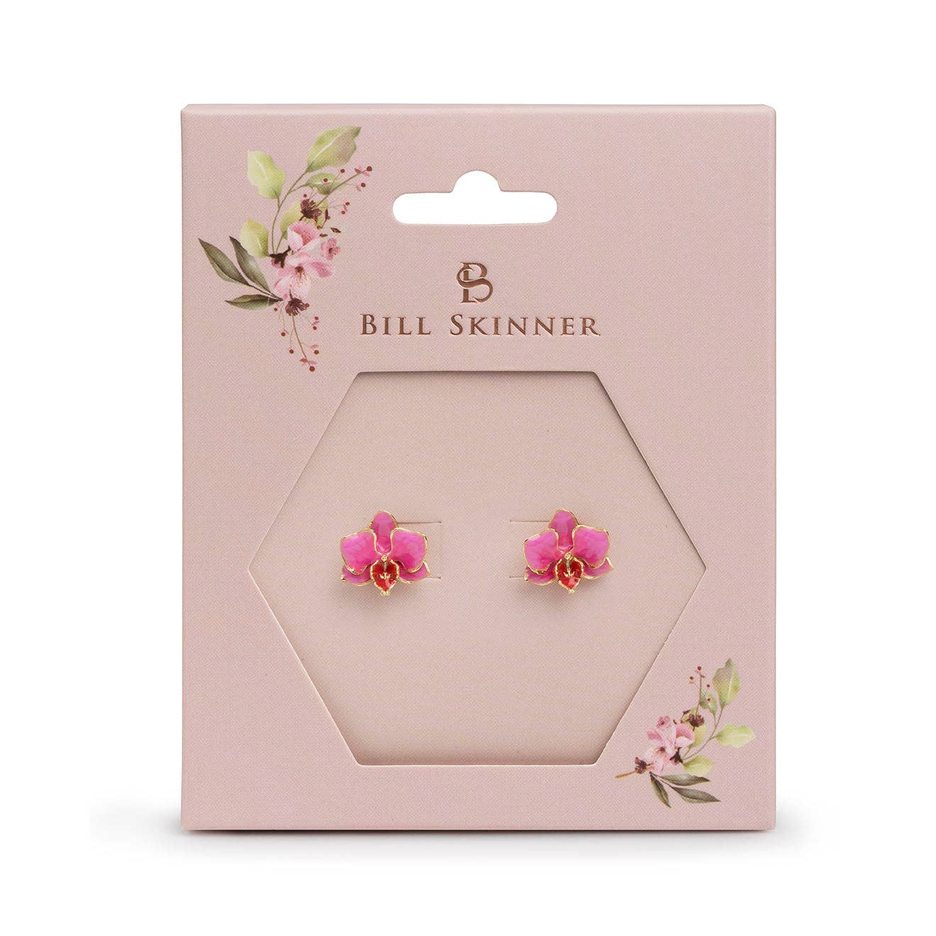 Pink orchid stud earrings displayed on Bill Skinner branded pink gift box packaging
