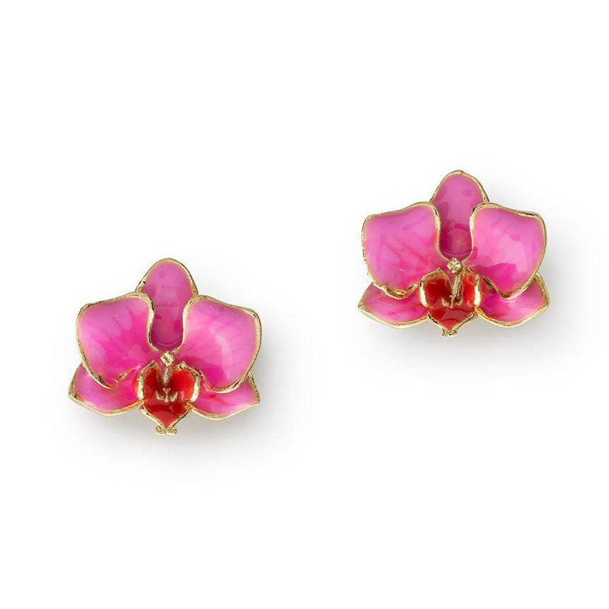 Pink orchid stud earrings with gold detailing on white background