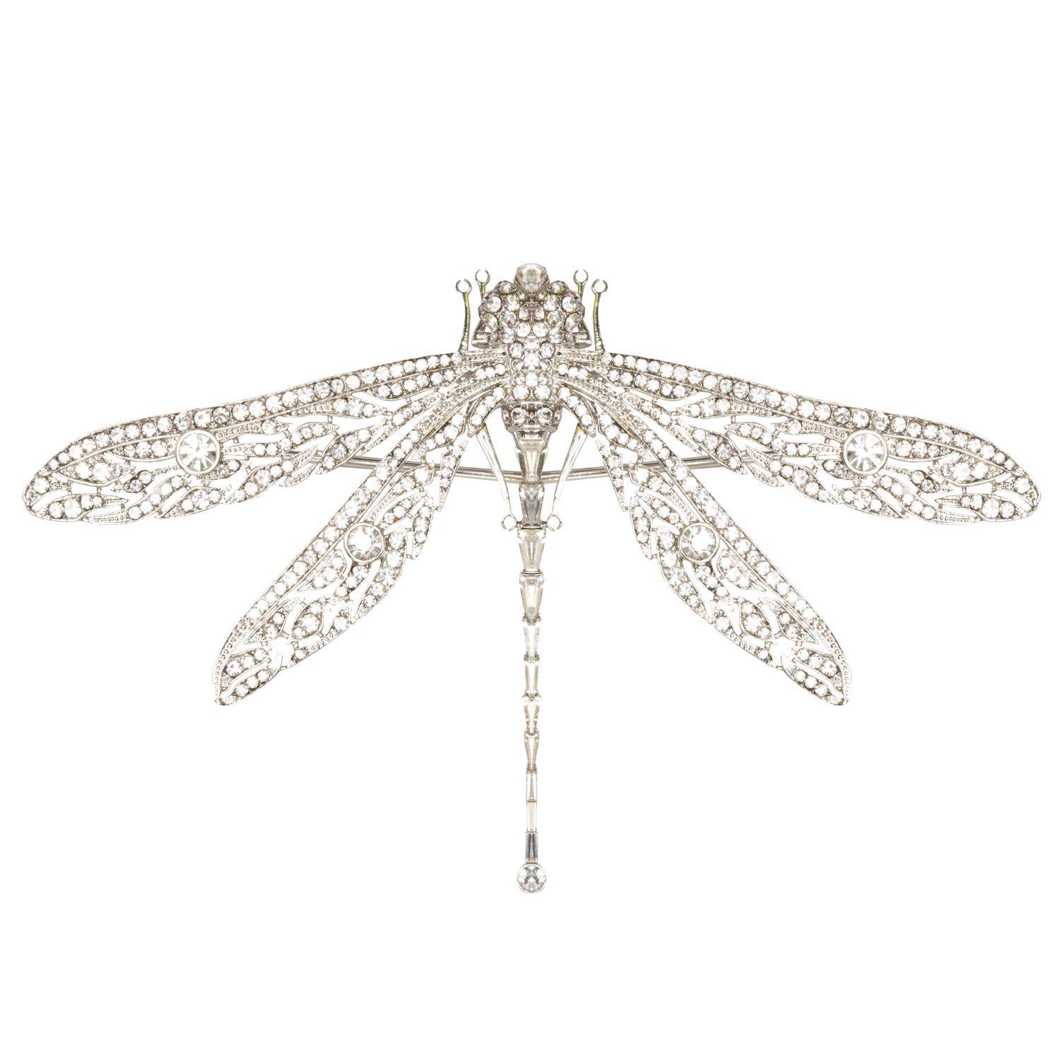 Bill Skinner Pave Dragonfly Brooch with gold-plated finish and sparkling pave crystals on white background.