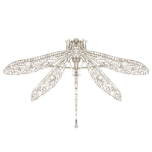Bill Skinner Pave Dragonfly Brooch with gold-plated finish and sparkling pave crystals on white background.