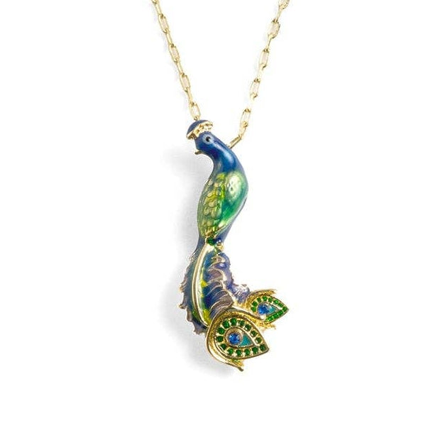 Blue and green enamel peacock pendant with gold chain on dark background