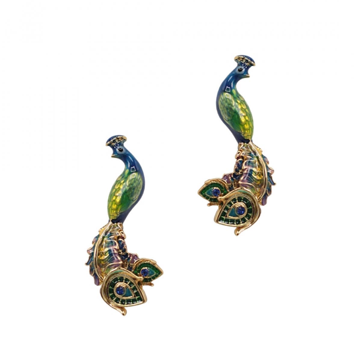 Blue and green enamel peacock stud earrings on white background