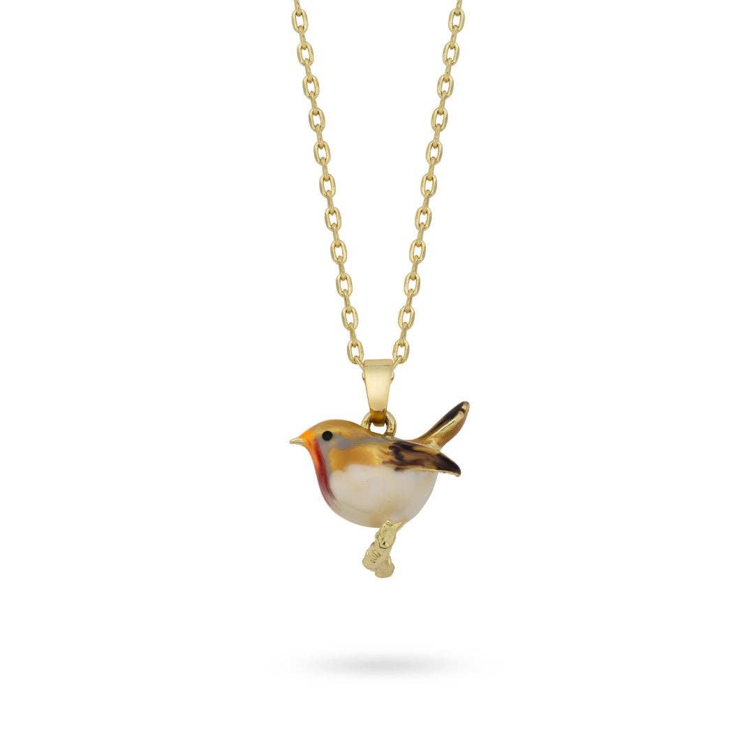 Hand-painted enamel robin pendant on gold chain against white background