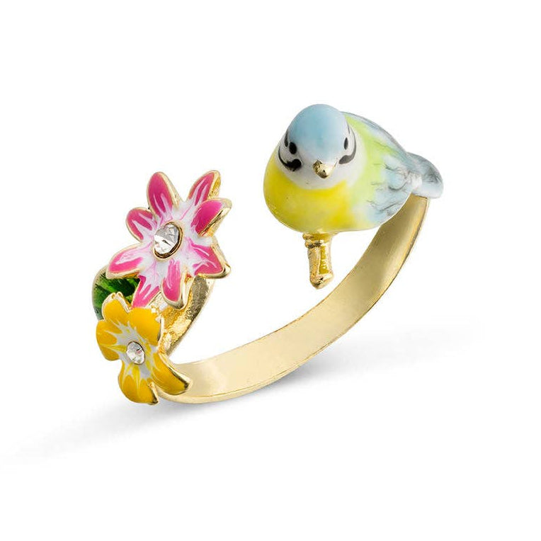 Songbird serenade ring with enamel bird and flowers on white background