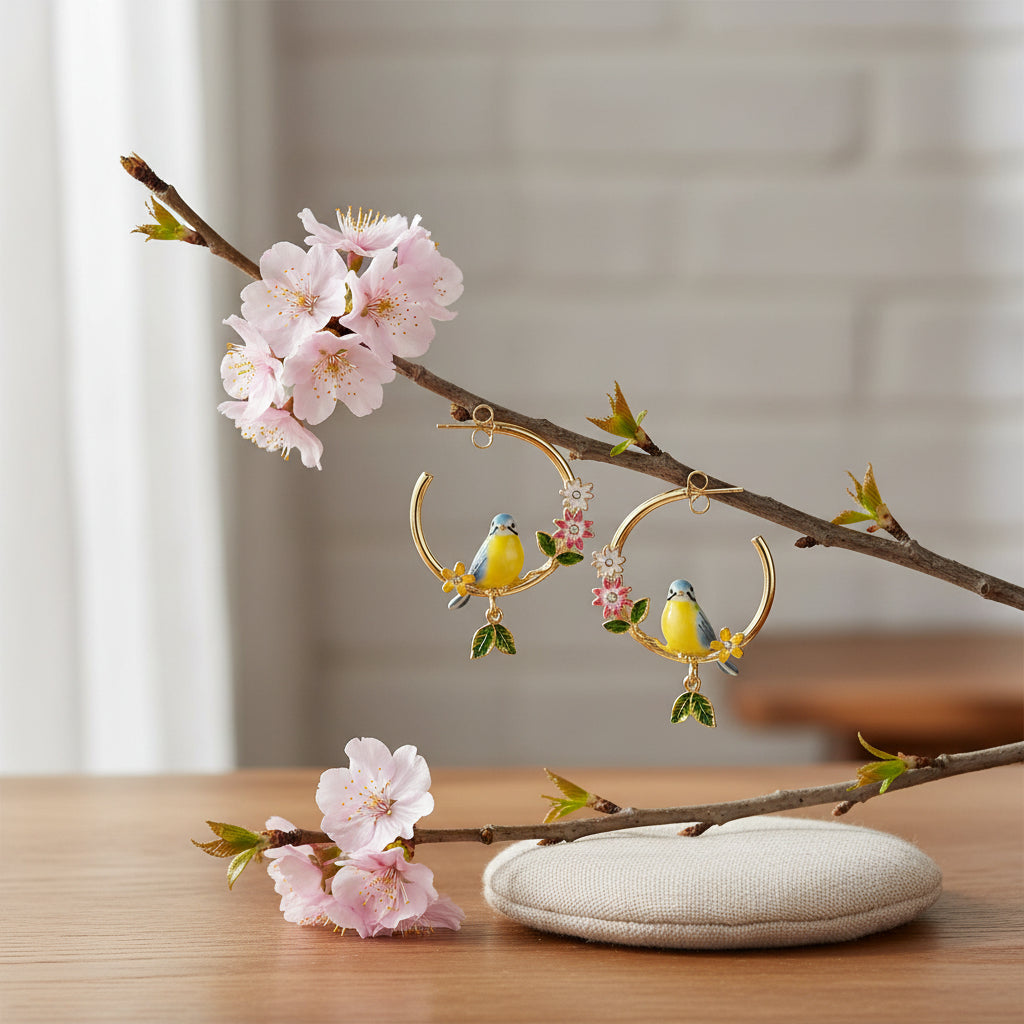 Songbird Serenade enamel hoop earrings with colourful bird design - front view.