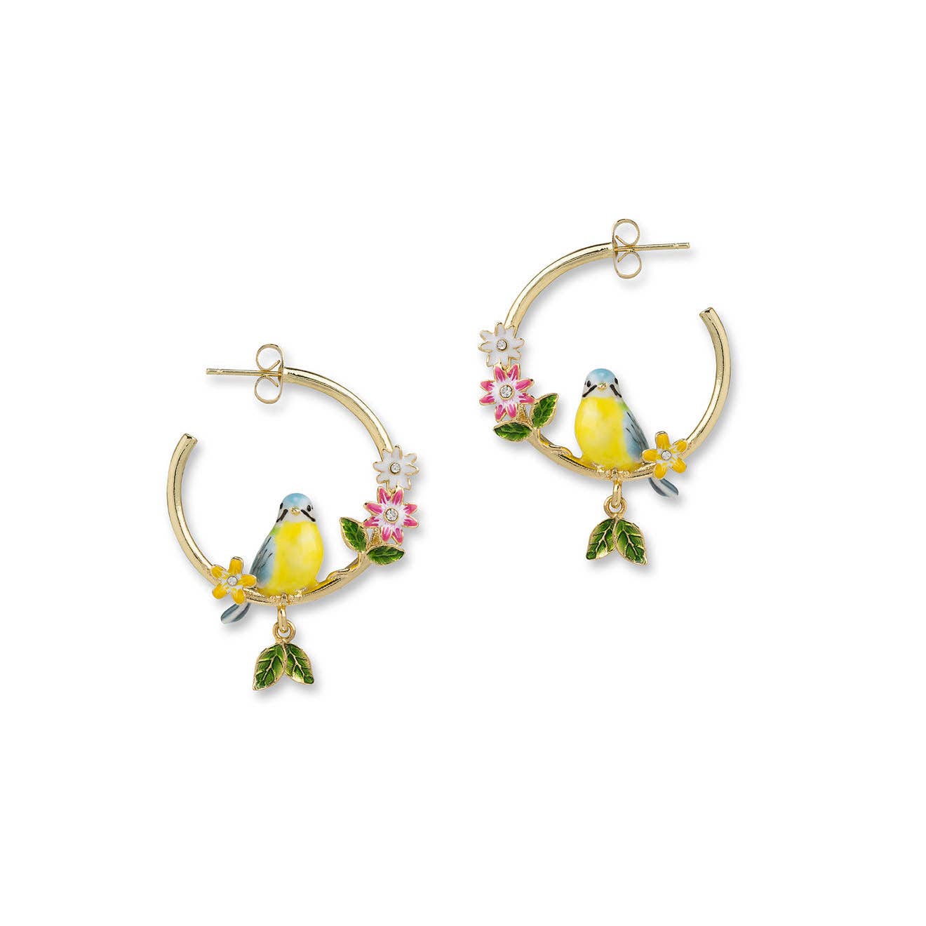 Bill Skinner Songbird hoops showing detailed enamel bird and floral design.