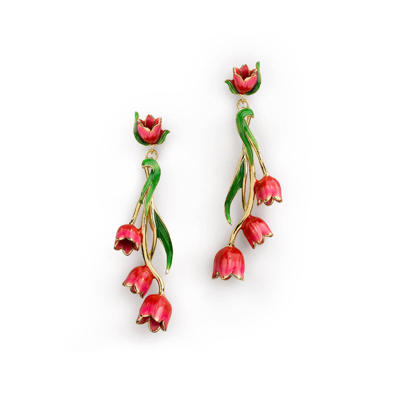 Red tulip drop earrings with gold accents and green enamel leaves on white background