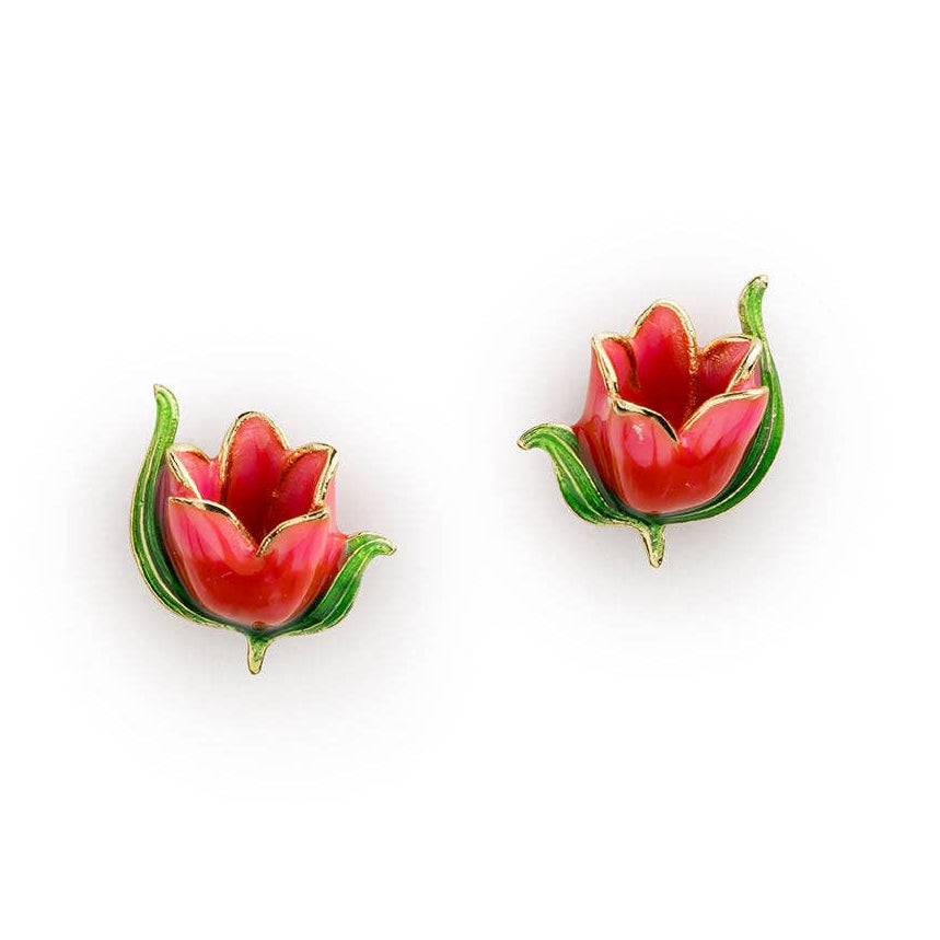 Pink and yellow enamel tulip stud earrings with green leaves and gold detailing on white background