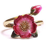 Bill Skinner Wild Flower Open Ring with hand-painted pink enamel flower and bud on gold band against white background.
