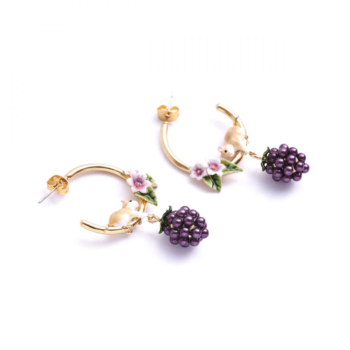 Side view of Blackberry & Mouse Hoop Earrings showing floral enamel detailing and purple blackberry charms.