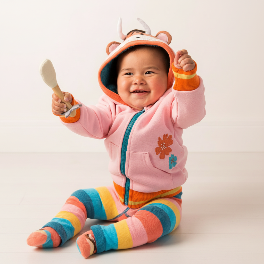 Baby in pink highlander hoodie with arms raised, front view