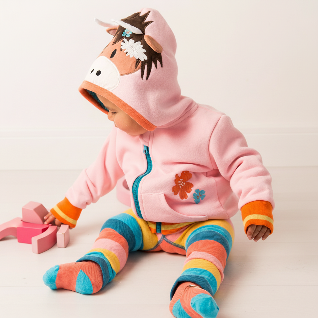 Baby wearing pink highland cow hoodie with hood up, side view