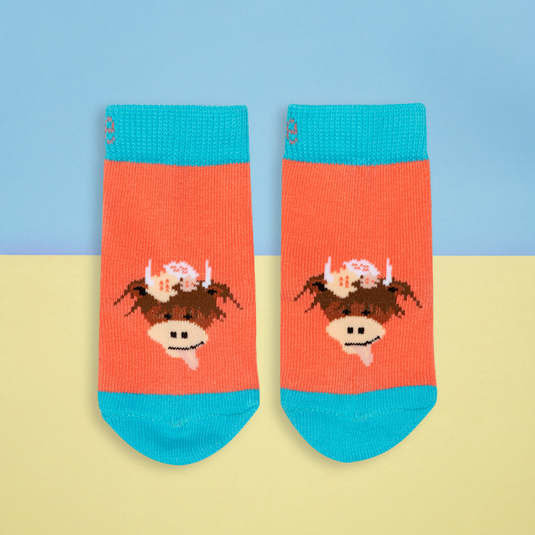 Coral Bonnie highland cow socks flat lay on pastel background