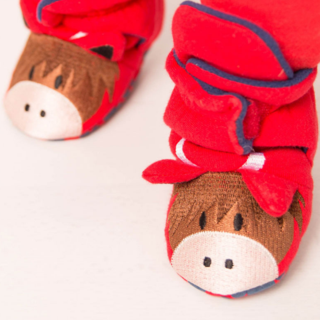 Close-up of baby feet in red highland cow booties