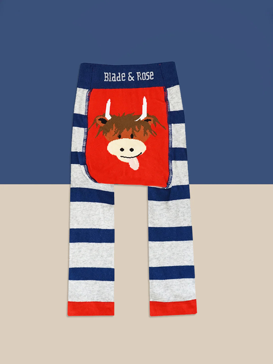 Hamish Highland Cow leggings back view on blue and beige background