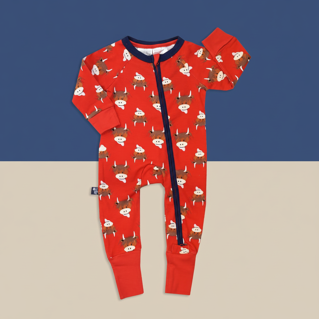 Red highland cow zip-up romper flat lay on blue and beige background