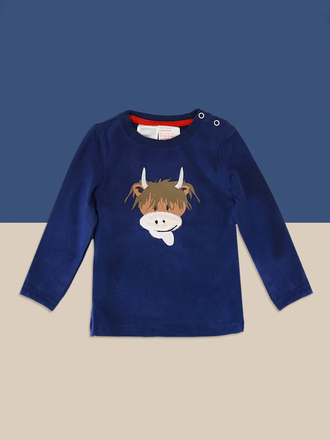 Hamish Highland Cow top in navy with appliqué face on two-tone background