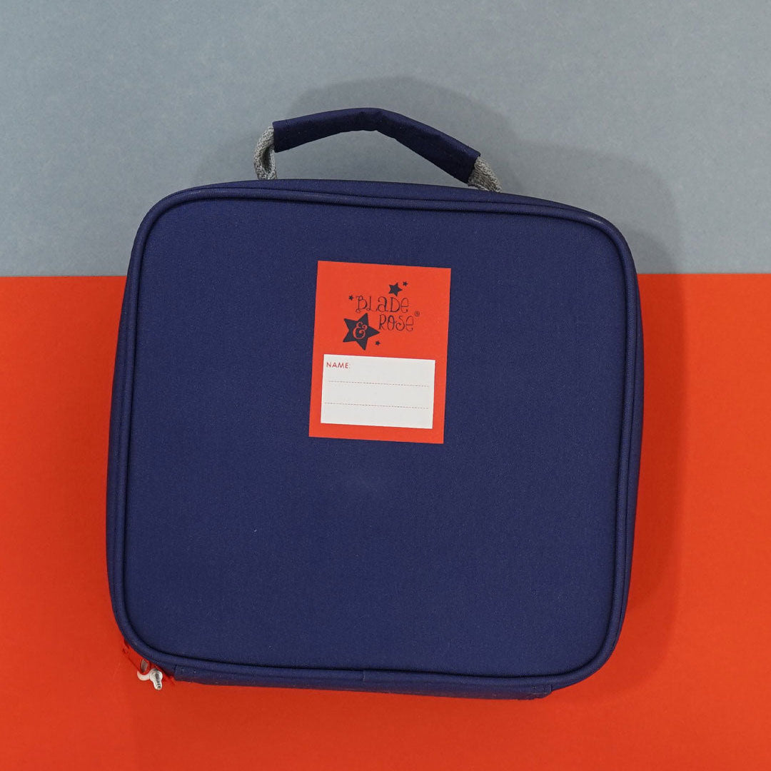 Back of navy highland cow lunchbox with name label area