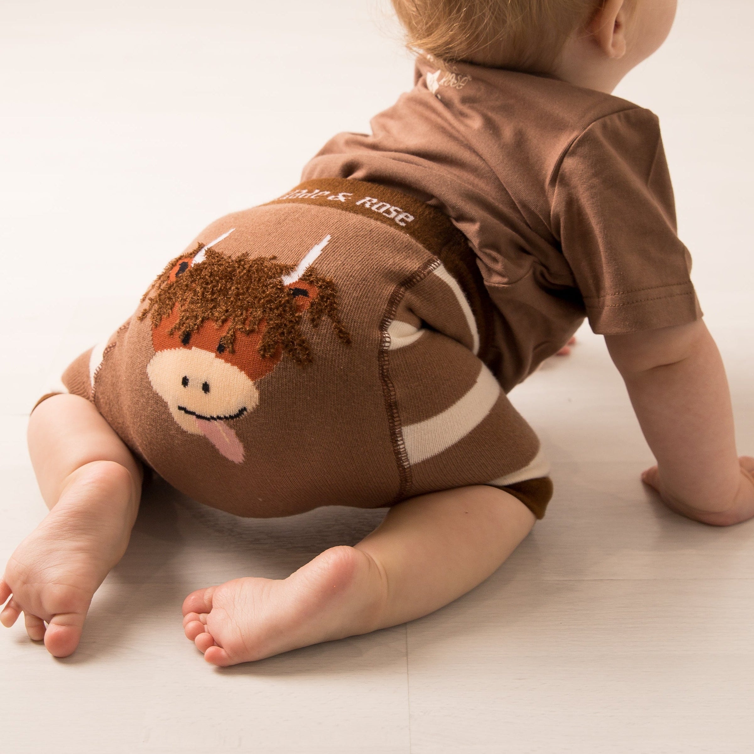 Baby wearing brown knitted shorts with highland cow on bottom