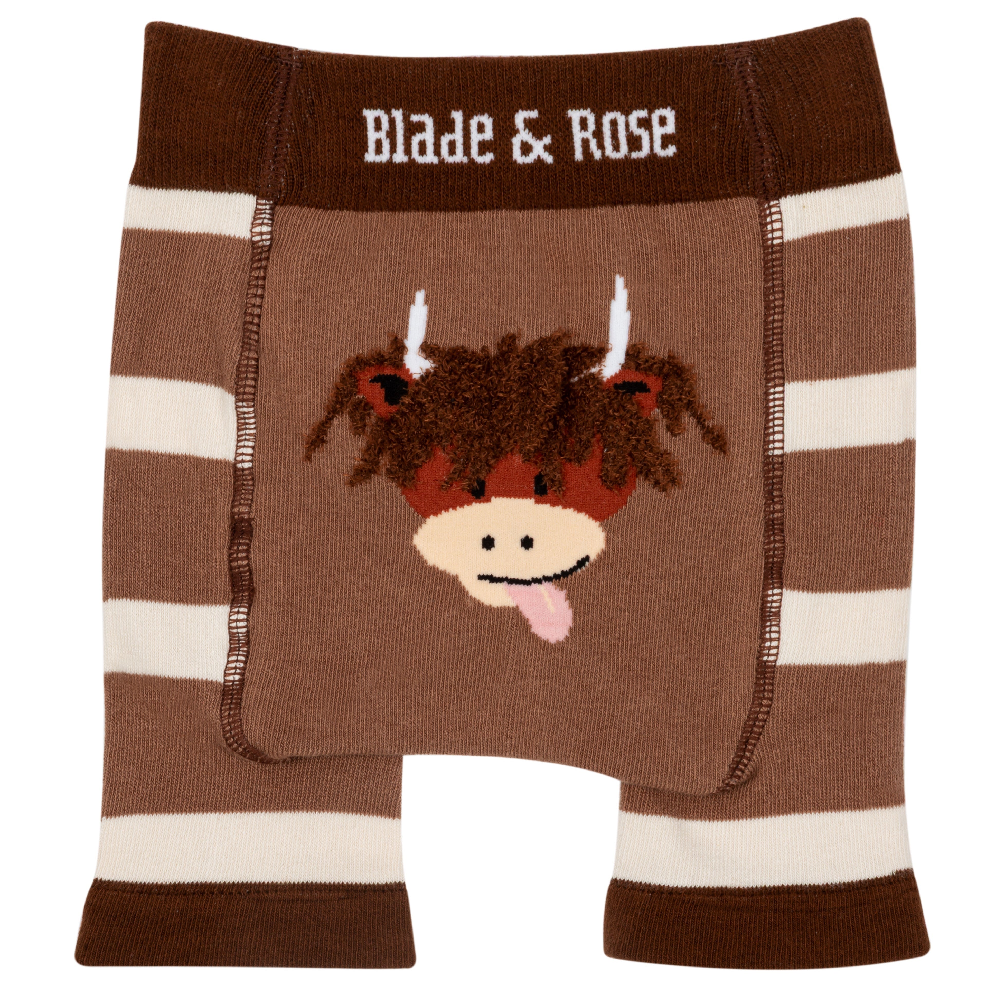 Brown highland cow knitted shorts flat lay on neutral background