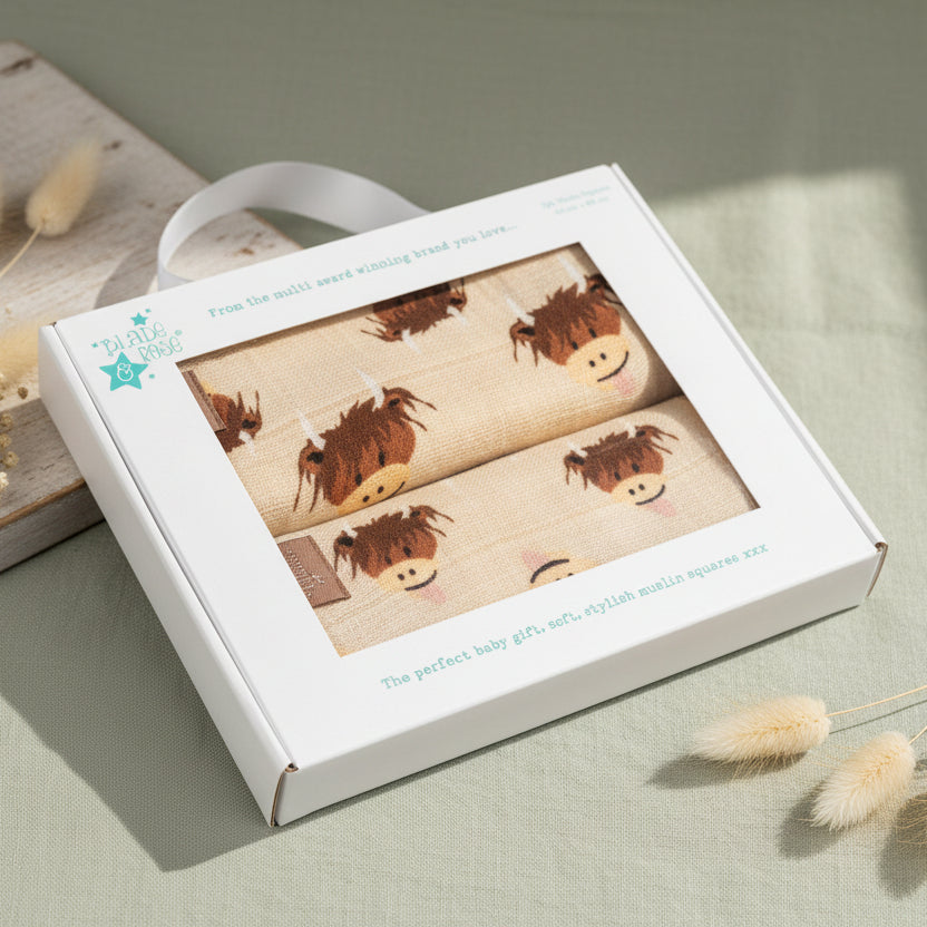 Highland cow muslin squares gift box on sage green surface