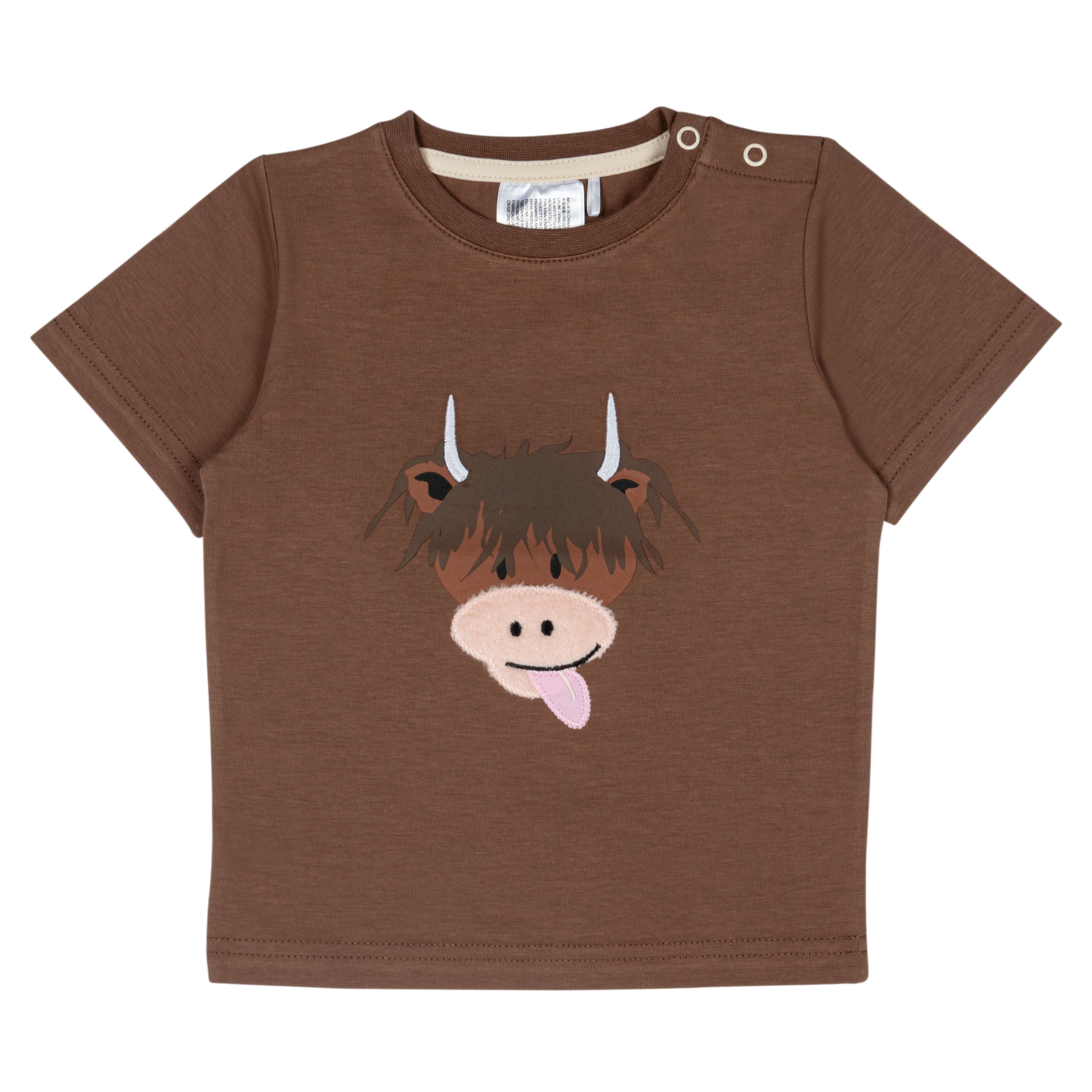 Brown highland cow t-shirt flat lay showing applique detail