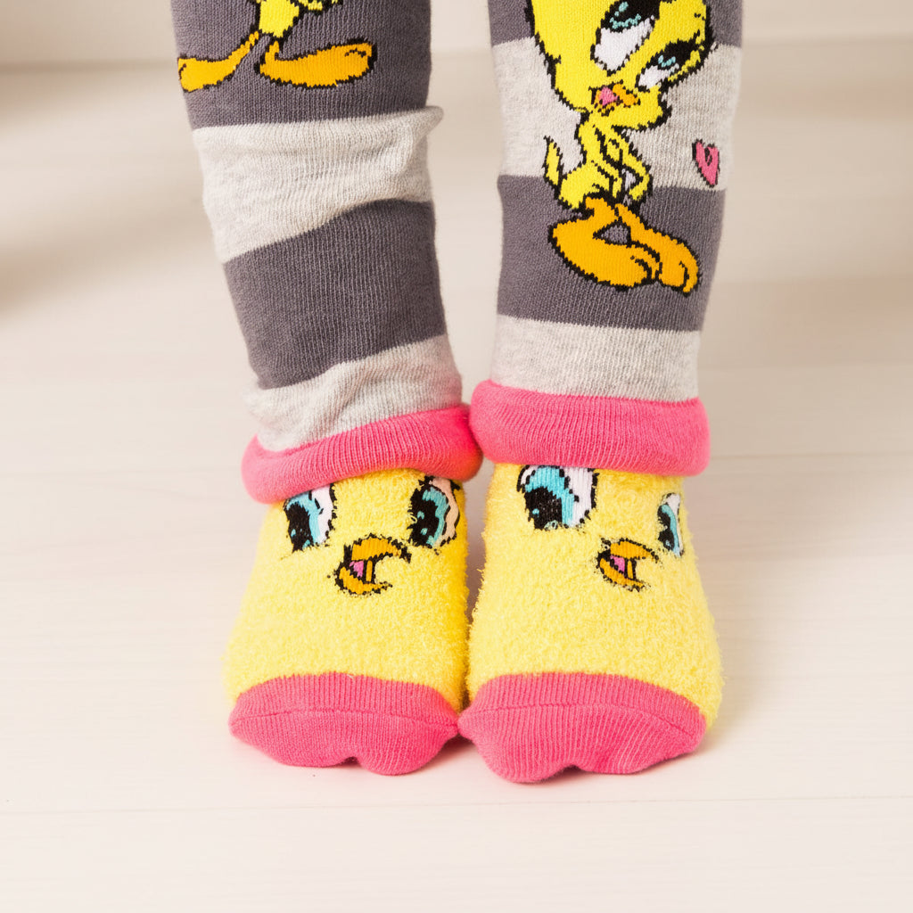 Tweety Bird yellow and pink socks - upright pair on white background