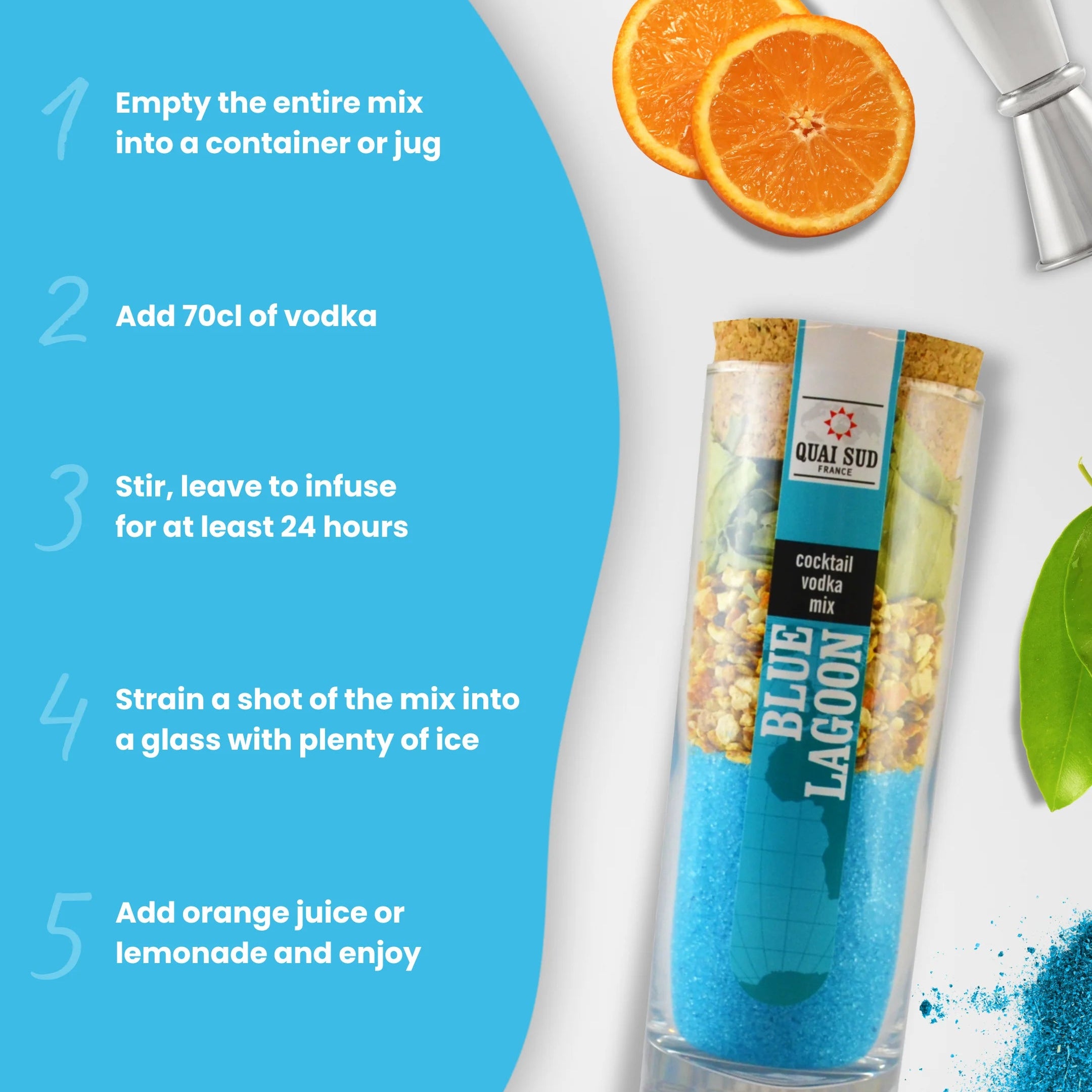 Blue Lagoon cocktail mix with citrus fruit and instructions graphic