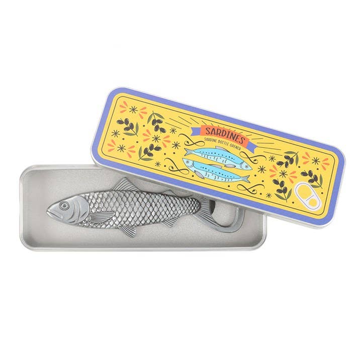Bottle opener inside open yellow sardine storage tin