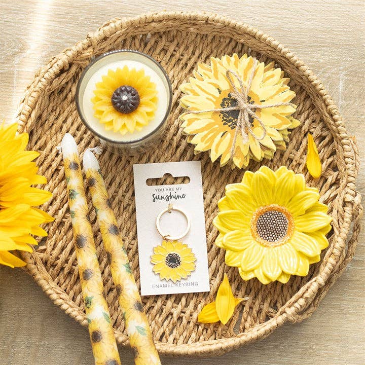Bright yellow sunflower enamel keyring on gold ring