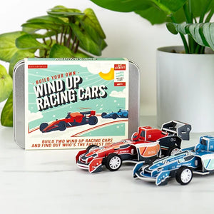 Build Your Own Wind Up Racing Cars kit in metal tin