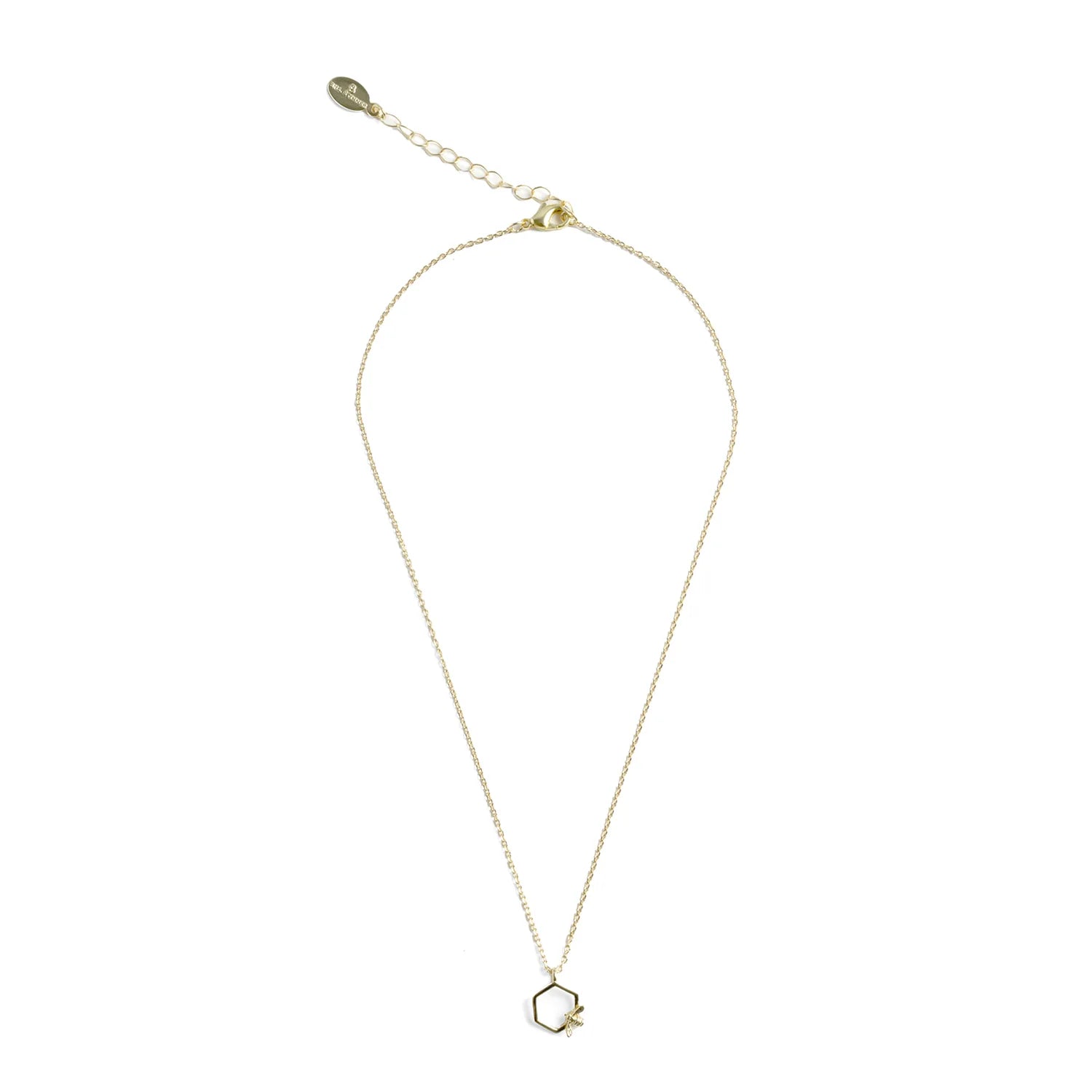 Full view of gold Bumble Bee Hex Pendant necklace with hexagonal charm on delicate chain.