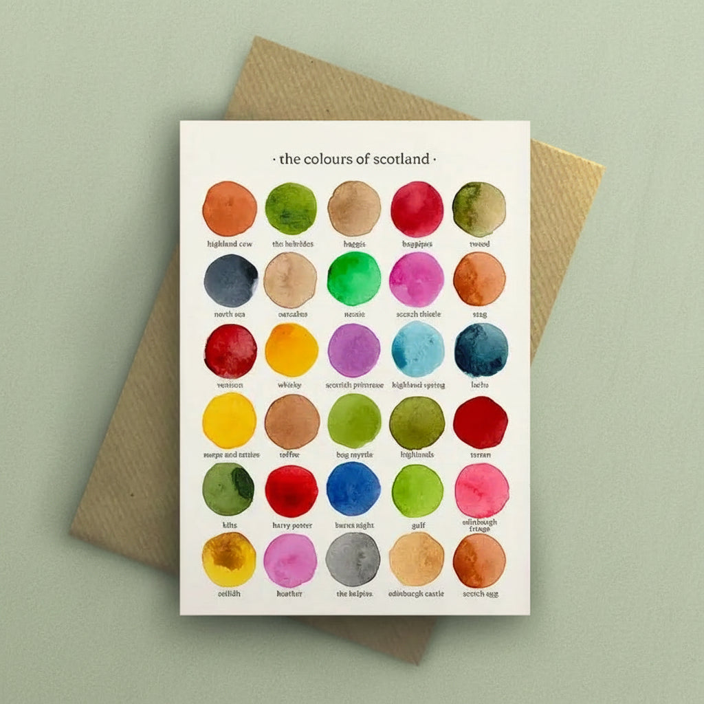 Colours of Scotland watercolour greetings card with kraft envelope on sage background