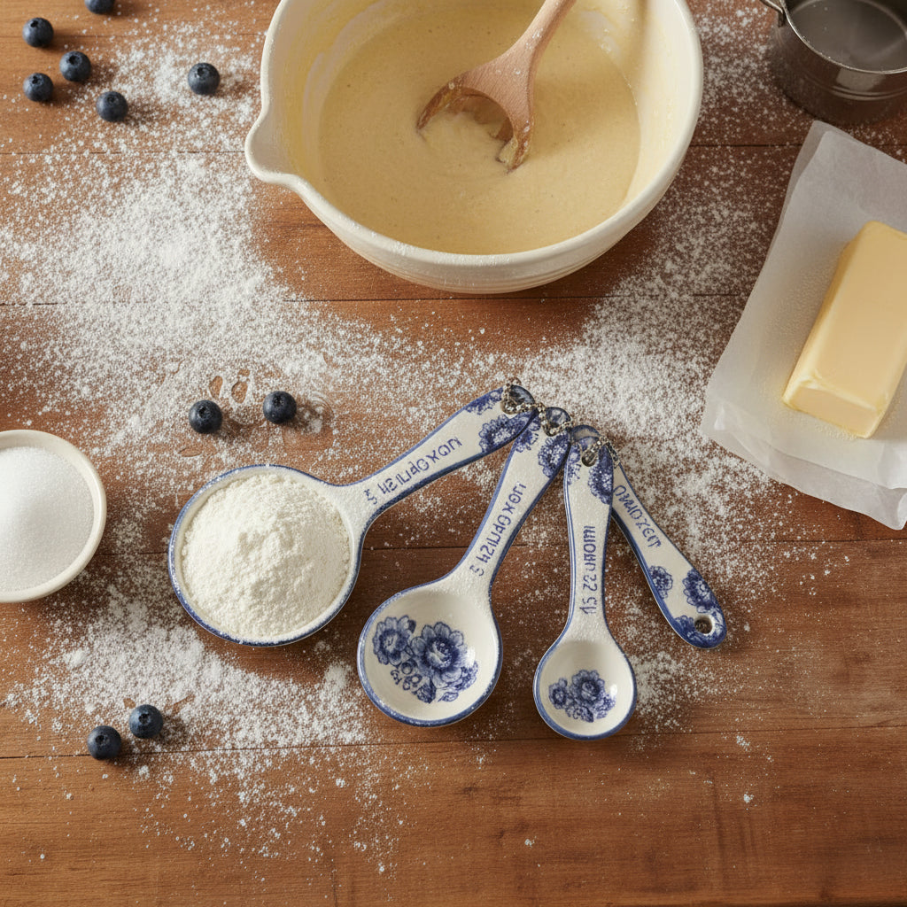 Blue Willow floral ceramic measuring spoons displayed with baking ingredients including flour, blueberries, butter and mixing bowl on wooden surface