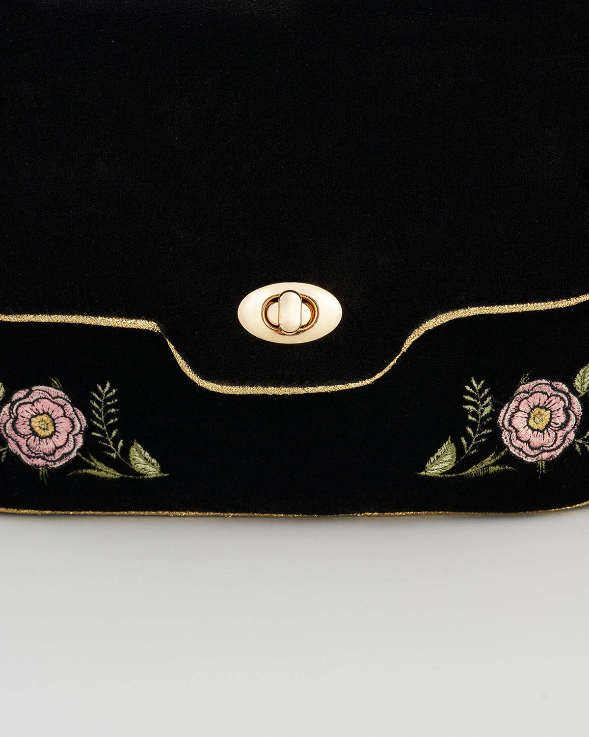 Rose Embroidered Black Shoulder Clutch