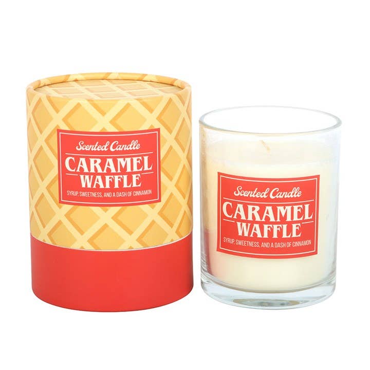 Caramel Waffle candle showing coral label and cream wax