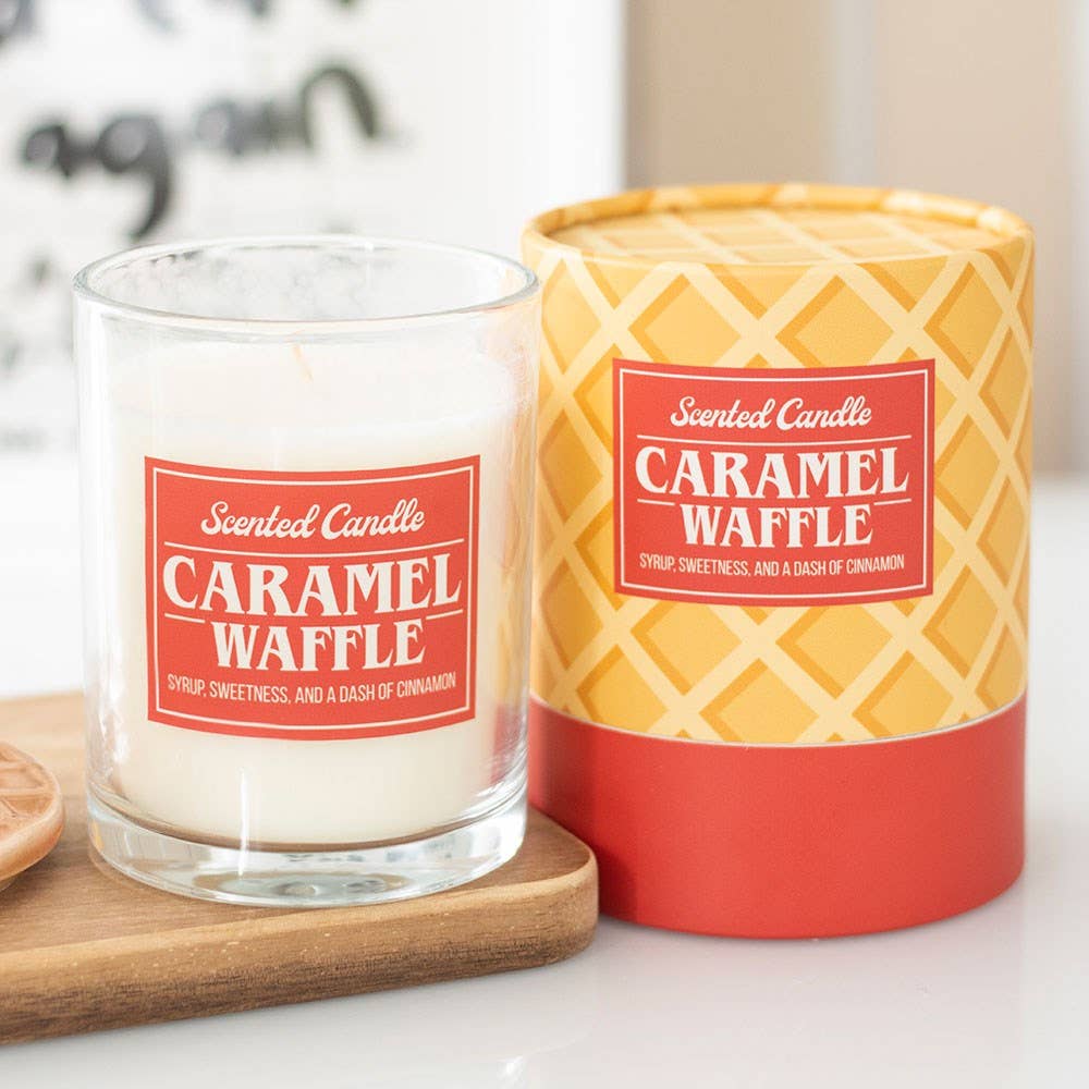 Caramel Waffle scented candle in glass jar with waffle pattern gift box
