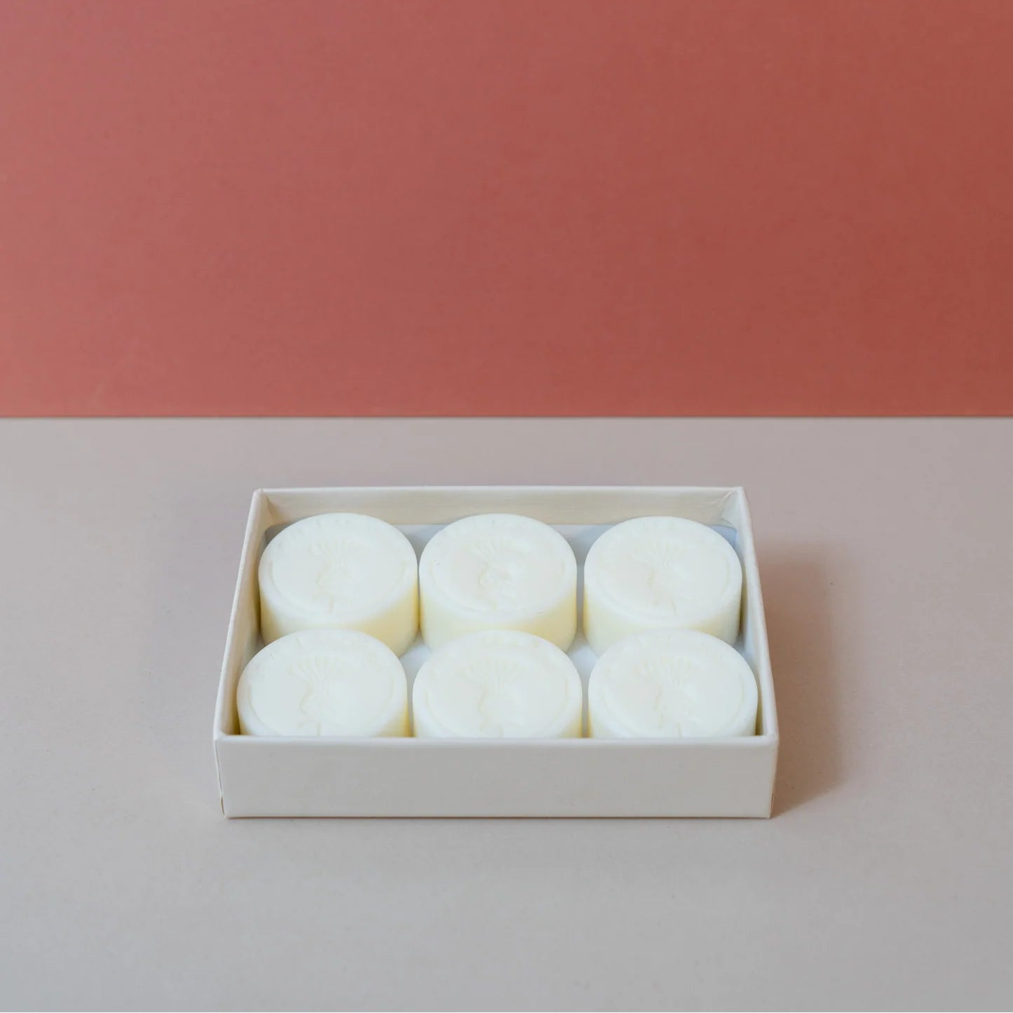 Six Cassis & Fig soy wax melts arranged in a cream gift box against a soft red and beige background.