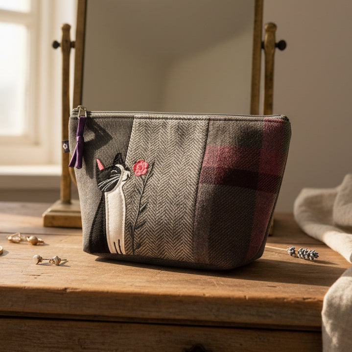 Cat and Flower Applique Make Up Bag showing tweed design with cat motif