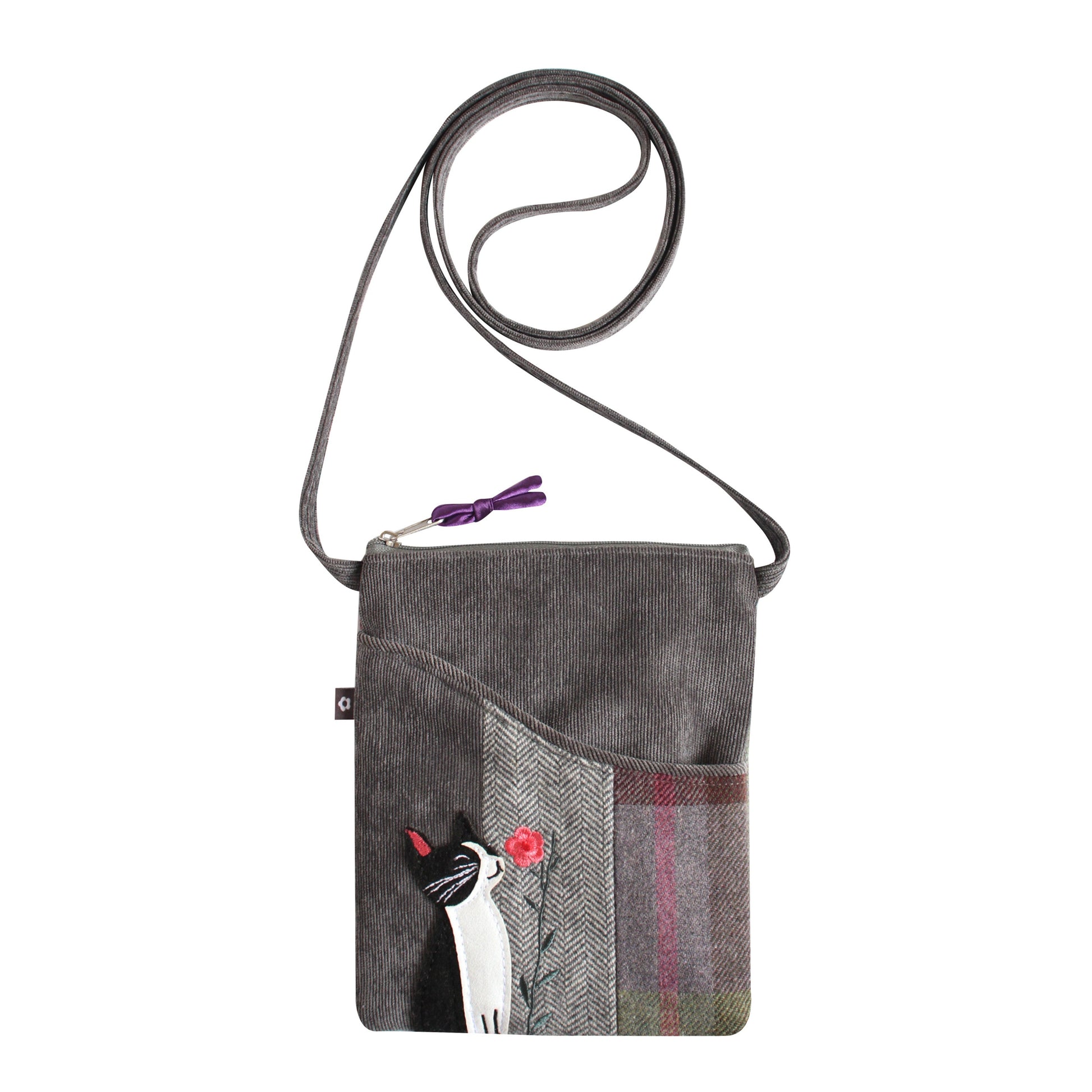 Cat and Flower Applique Sling Bag front view showing cat motif