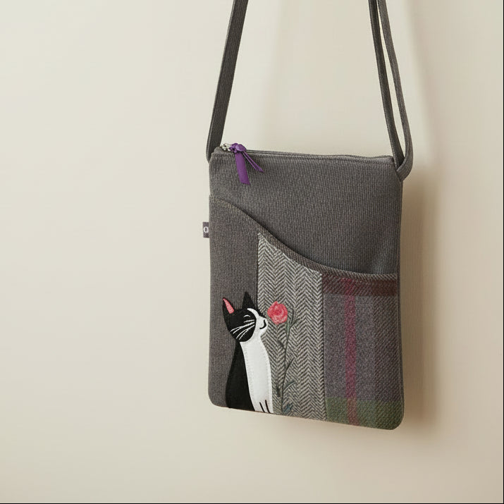 Cat and Flower Applique Sling Bag worn crossbody showing tweed design