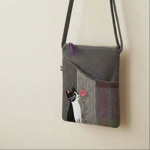 Cat and Flower Applique Sling Bag worn crossbody showing tweed design