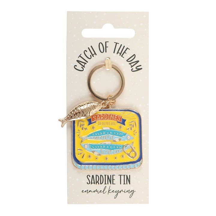 Catch of the Day sardine keyring on branded card front view