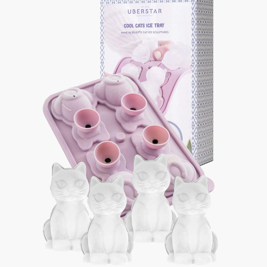 Pink cat ice cube tray with four 3D cat ice cubes