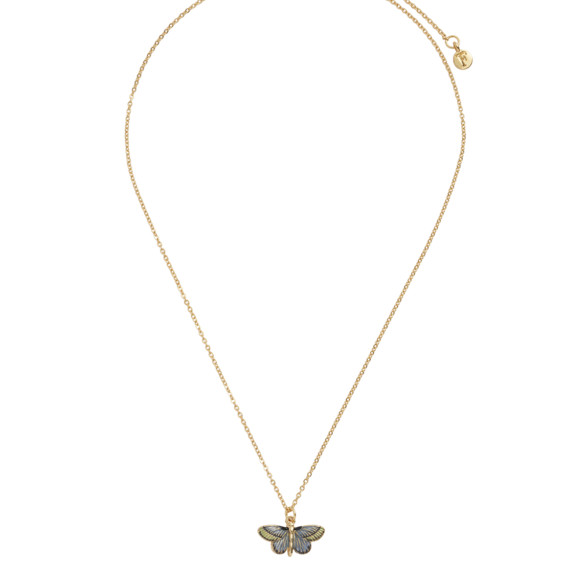 Deco Butterfly Necklace full length view showing complete gold chain and butterfly pendant