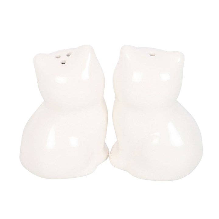Ceramic cat salt and pepper set styled on kitchen table