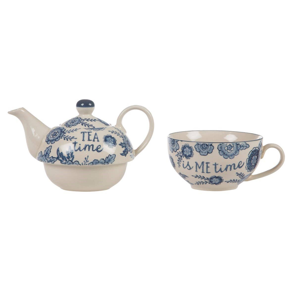 Close-up of Blue Willow tea-for-one teapot and cup side by side showing TEA time and is ME time text with blue floral pattern