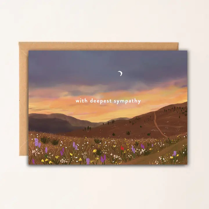 Wildflower sympathy card with sunset landscape and crescent moon on cream background