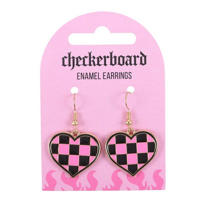 Checkerboard heart earrings showing gold hook detail and enamel finish